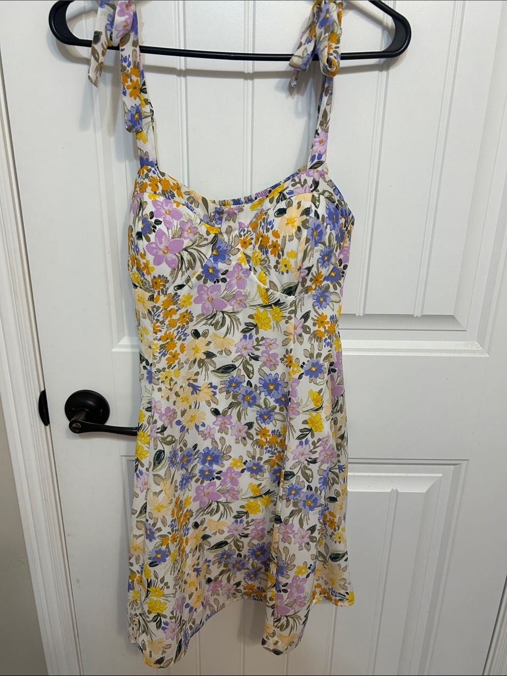 Kohl's Cream Floral Tie-Shoulder Mini Dress with Yellow and Lavender Blooms